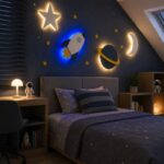 Uzay temalı çocuk odası dekoru ahşap LED gece lambası seti bebek hediyesi ve duvar dekorasyonu