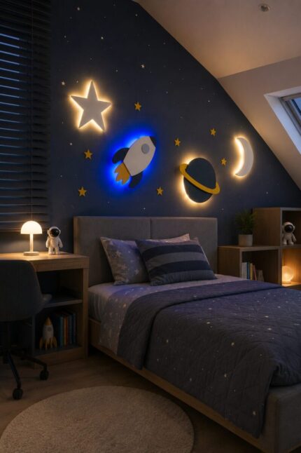Uzay temalı çocuk odası dekoru ahşap LED gece lambası seti bebek hediyesi ve duvar dekorasyonu