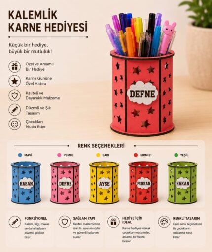 İsme özel ahşap kalemlik modeli ve çocuklar için karne hediyesi masaüstü kalemlik