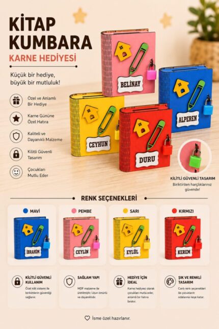 İsme özel kitap kumbara modeli, kilitli renkli çocuk kumbarası ve karne hediyesi tasarımı