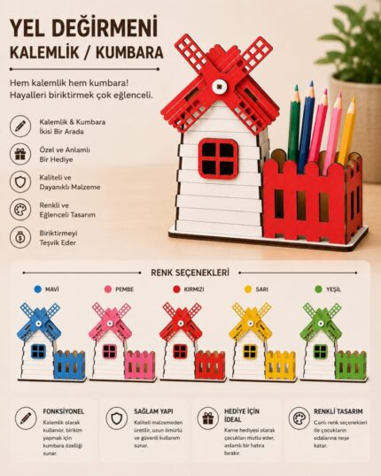 Yel değirmeni tasarımlı ahşap kalemlik kumbara modeli ve çocuklar için karne hediyesi