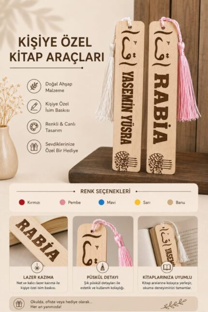 İsme özel ahşap kitap ayracı modeli, püsküllü kişiye özel isim yazılı kitap ayracı