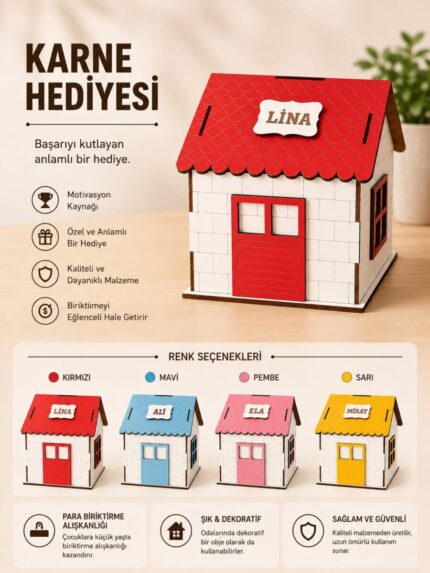 İsme özel ev kumbara modeli, çocuklar için ahşap karne hediyesi kumbara tasarımı