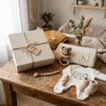 Personalized baby gift set including a gift box, knitted teddy bear, baby clothes, booties, and pacifier clip