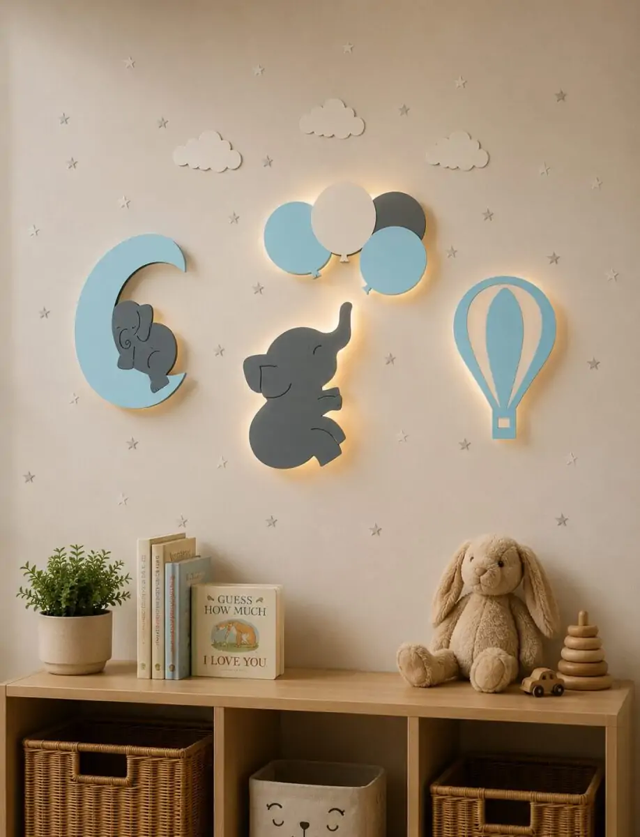 Bebek Çocuk Odası Dekorasyon 4'lü Set Duvar Aydınlatma Ahşap LED Gece Lambas Çocuk odası duvar dekorasyonu aydınlatma seti