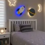 Uzay temalı çocuk odası dekoru ahşap LED gece lambası seti bebek hediyesi ve duvar dekorasyonu