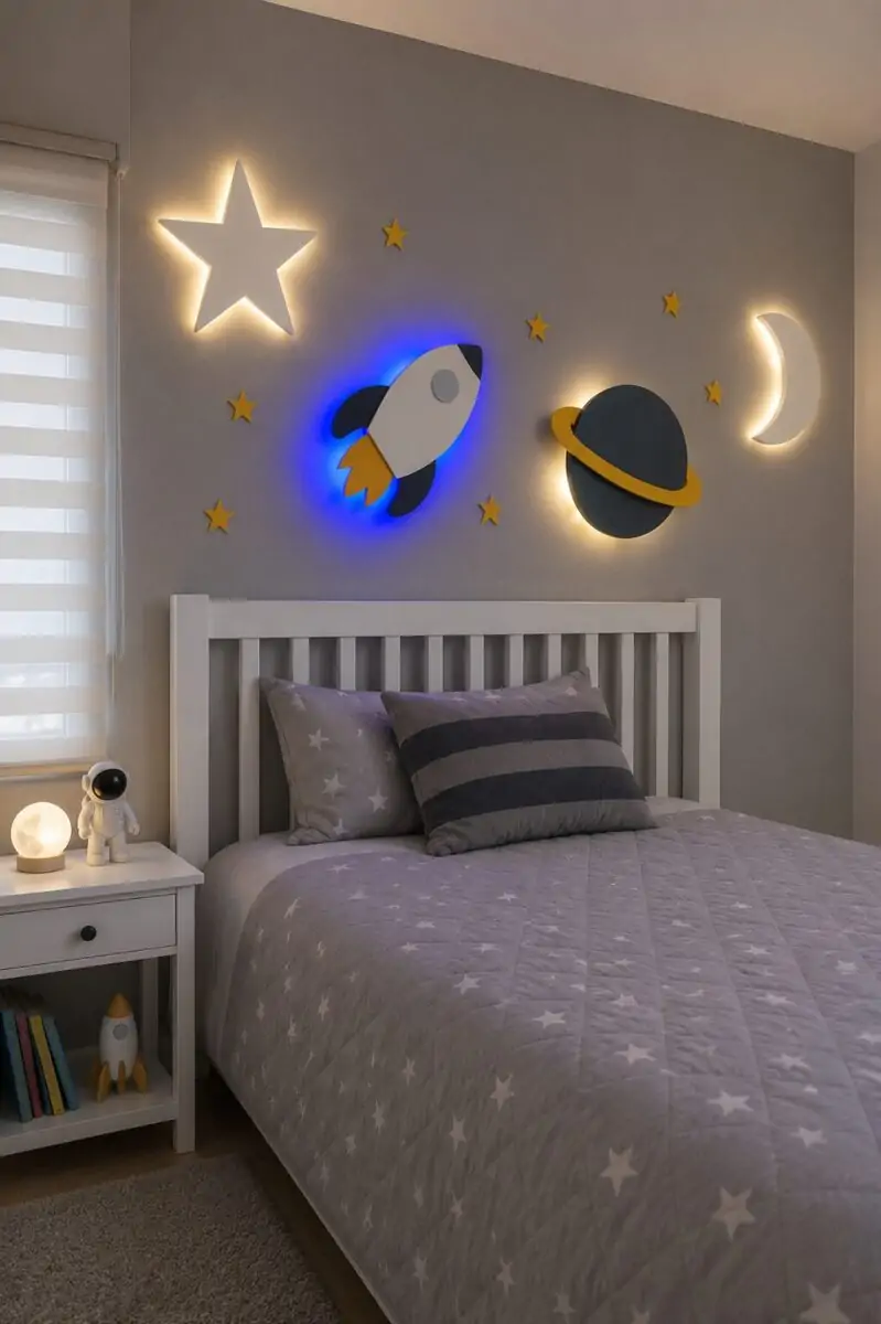 Uzay Temalı Çocuk Odası Dekoru ve Gece Lambası Seti Uzay temalı çocuk odası dekoru ahşap LED gece lambası seti bebek hediyesi ve duvar dekorasyonu