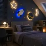 Uzay temalı çocuk odası dekoru ahşap LED gece lambası seti bebek hediyesi ve duvar dekorasyonu