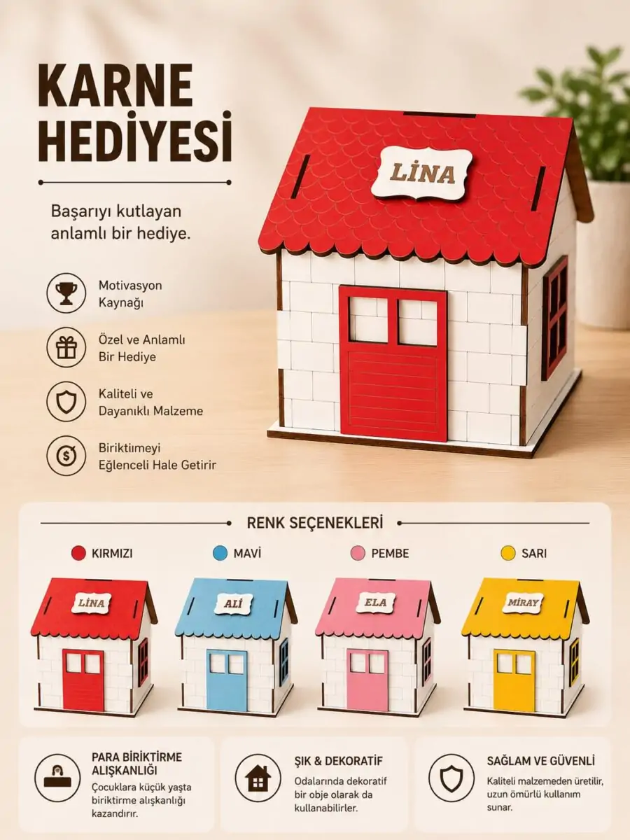 İsme özel ev kumbara modeli, çocuklar için ahşap karne hediyesi kumbara tasarımı