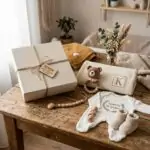 Personalized baby gift set including a gift box, knitted teddy bear, baby clothes, booties, and pacifier clip