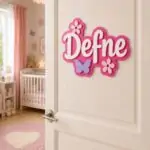 Pembe renkli kişiye özel kız bebek kapı süsü, LED ışıklı ahşap isimlik ve bebek odası dekorasyonu.