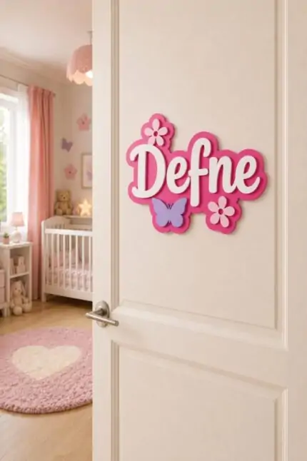 Pembe renkli kişiye özel kız bebek kapı süsü, LED ışıklı ahşap isimlik ve bebek odası dekorasyonu.
