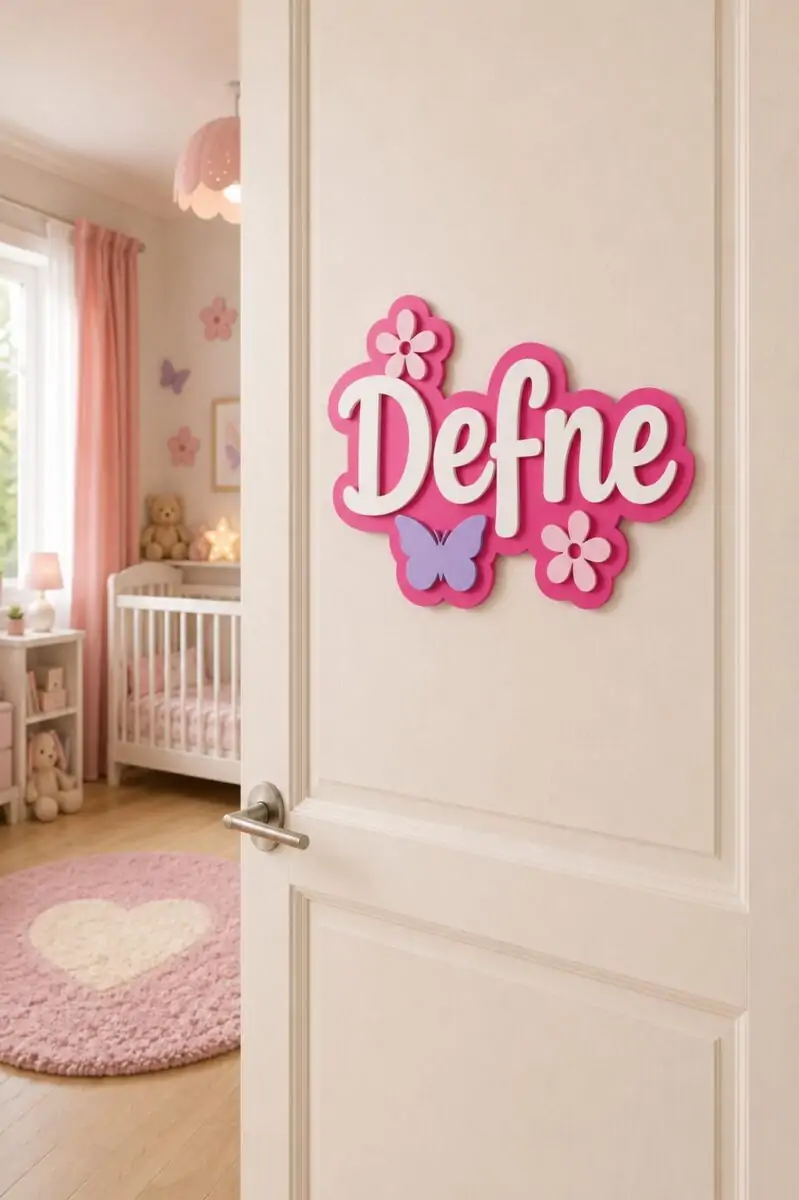 Pembe renkli kişiye özel kız bebek kapı süsü, LED ışıklı ahşap isimlik ve bebek odası dekorasyonu.