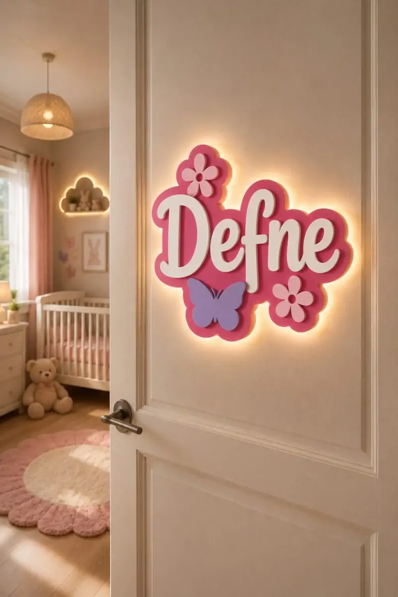 Pembe renkli kişiye özel kız bebek kapı süsü, LED ışıklı ahşap isimlik ve bebek odası dekorasyonu.