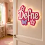 Pembe renkli kişiye özel kız bebek kapı süsü, LED ışıklı ahşap isimlik ve bebek odası dekorasyonu.