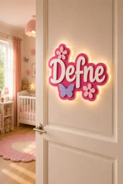 Pembe renkli kişiye özel kız bebek kapı süsü, LED ışıklı ahşap isimlik ve bebek odası dekorasyonu.