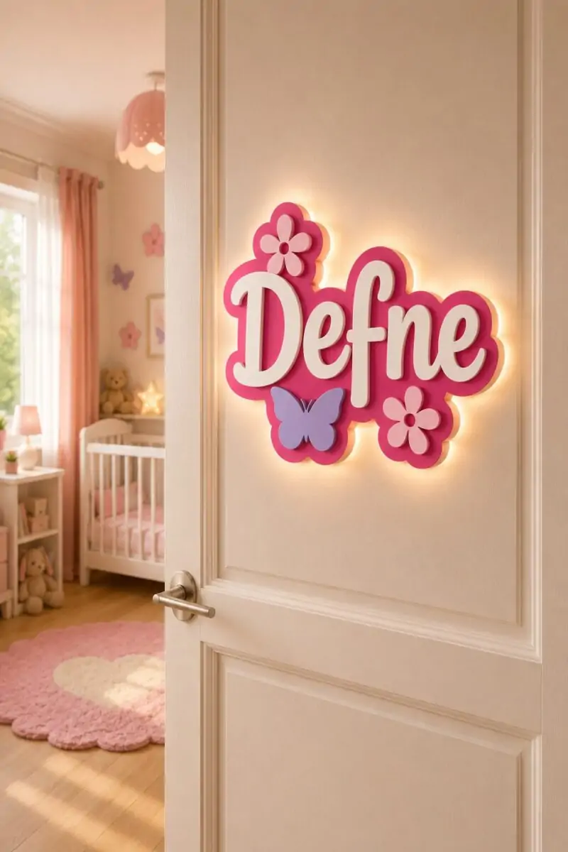 Pembe renkli kişiye özel kız bebek kapı süsü, LED ışıklı ahşap isimlik ve bebek odası dekorasyonu.